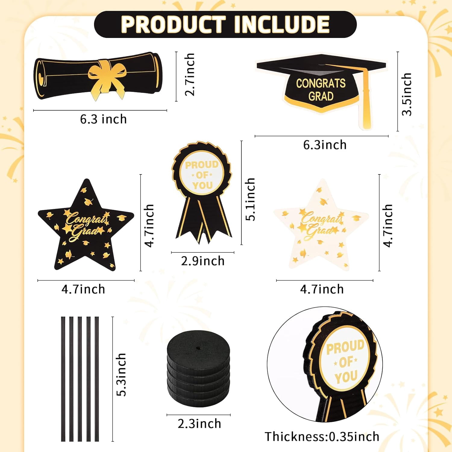 2026 Graduation Decorations, 5Pcs Black Gold White Wooden Table Centerpieces Decor Include Grad Cap Diploma Star Supplies Medal Sign, of Congrats Day Class Party Decoration.