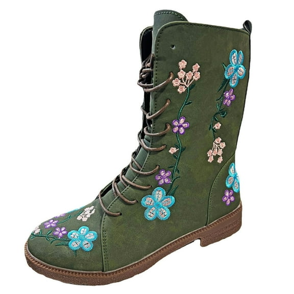 Mostsola Womens High Top Ankle Boots Floral Embroidery Dressy Lace up Low Heel Motorcycle Boots