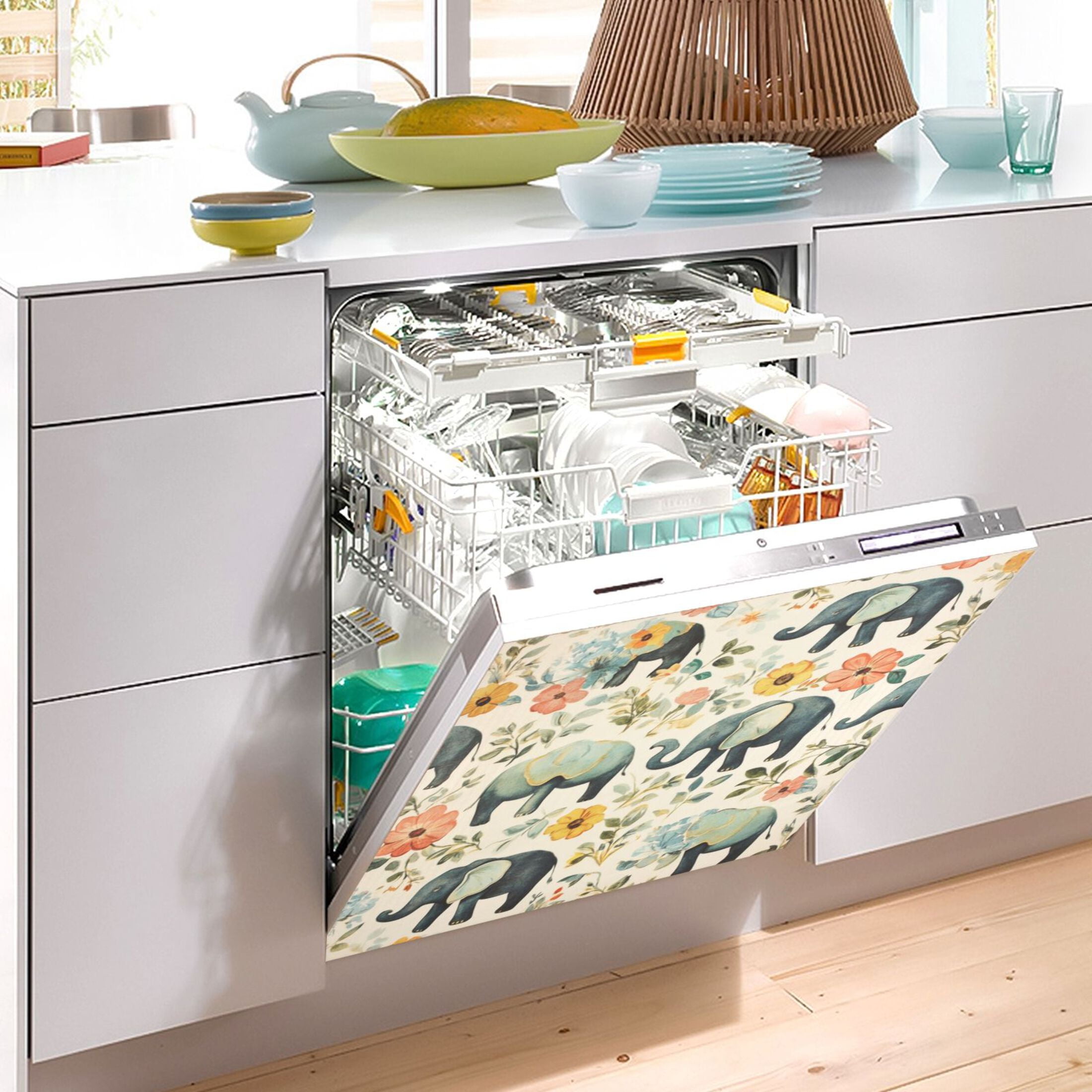 Dishwasher Magnetic Sticker 23x26 Inch Refrigerator Magnetic Sticker Washing Machine Magnetic Sticker Kitchen Panel Magnetic Sticker Home Decor Green Elephant Pattern