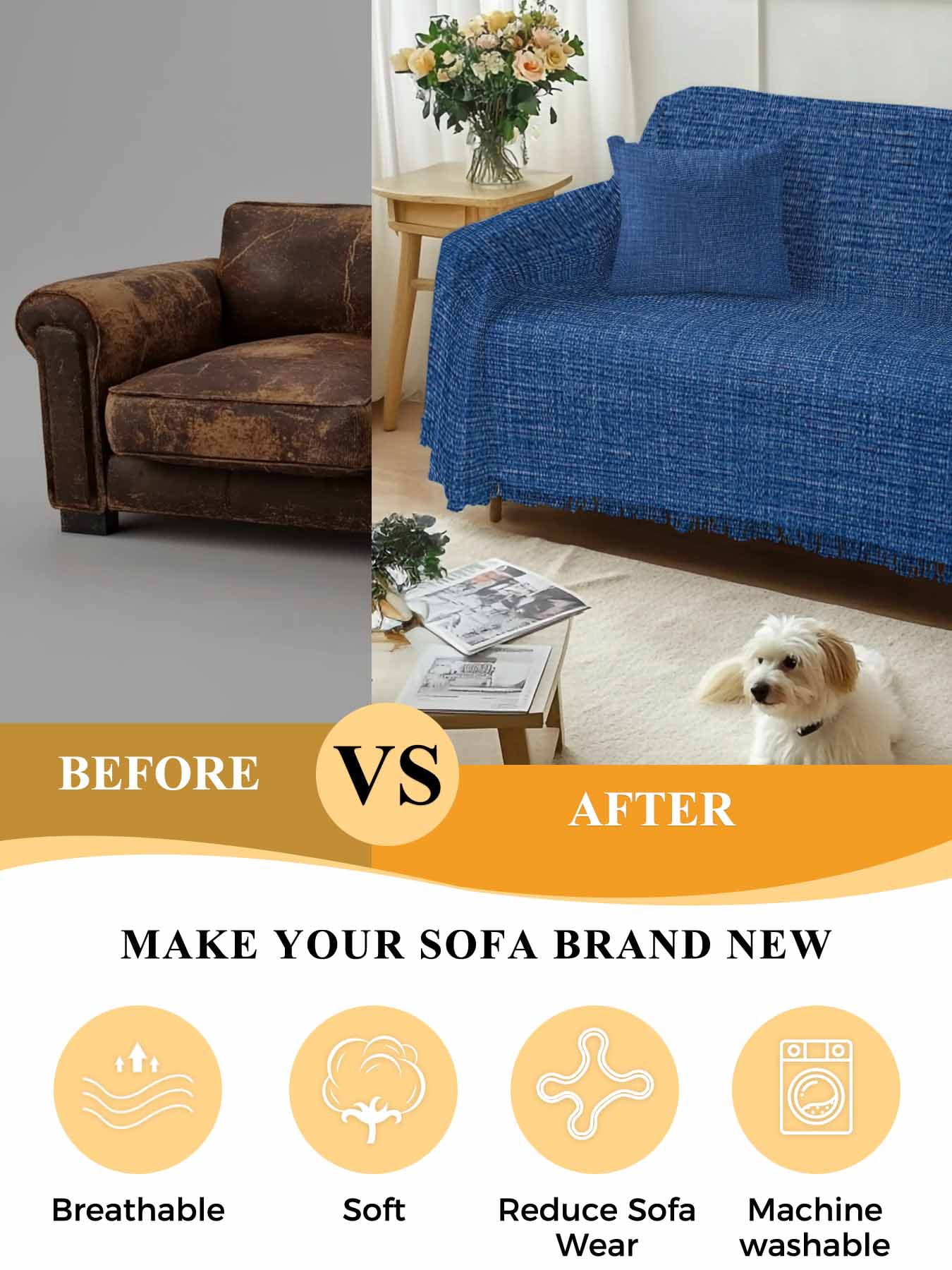 Navy Blue Couch Cover for 2 Cushion Couch, Vintage Country Monochrome Farmhouse Washable Love Seat Sofa Covers Slipcover, Throw Sofa Covers for Pets, Furniture Protector 71"x102"
