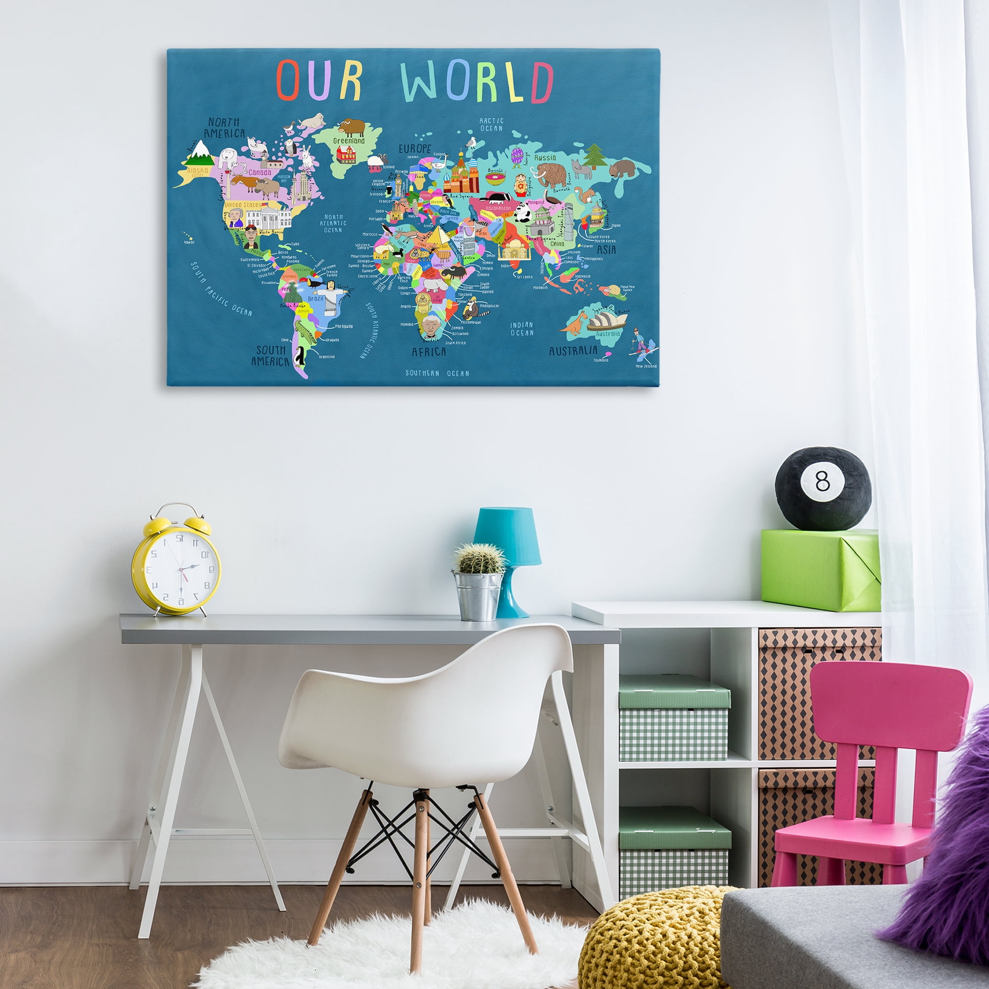 Stupell Industries Our World Map Education Painting Wrapped Canvas Art Print Wall Art, 45 x 30