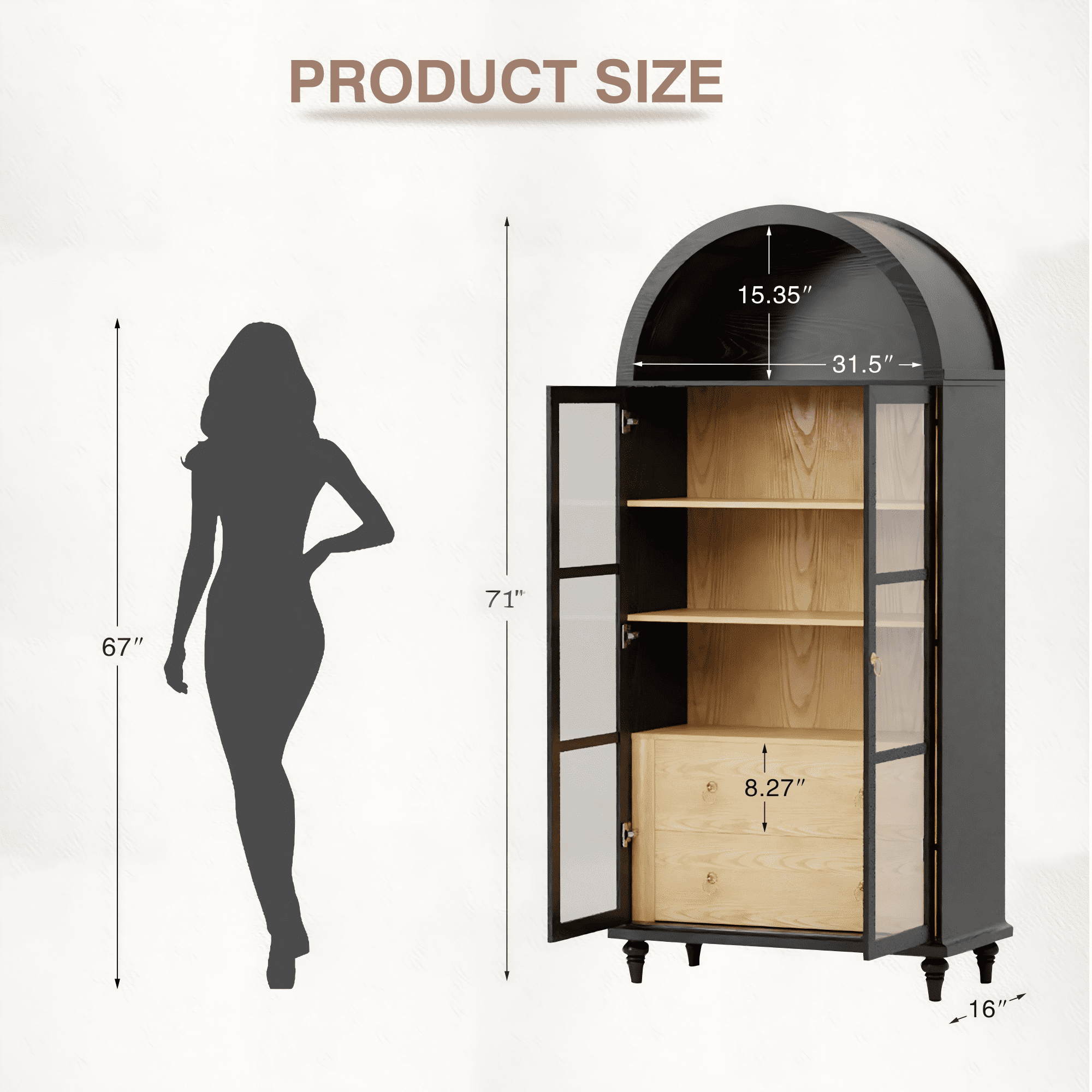 Furmax 71'' Tall Arched Pantry Cabinet, Wood Display Cabinet with 2 Large Drawers and 3 Shelves, Kitchen Storage Cabinet for Kitchen, Living Room, Dining Room, Black