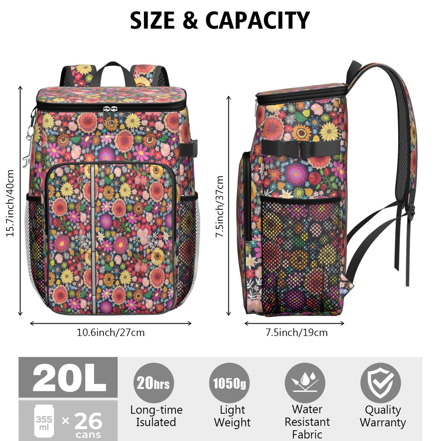 Travel Cooler Bag - Pioneer Flower Floral Print Pattern Camping Beer Cooler Backpack with Bottle Opener- Waterproof Insulated Picnic Backpacks - Cooler Bag for Beach