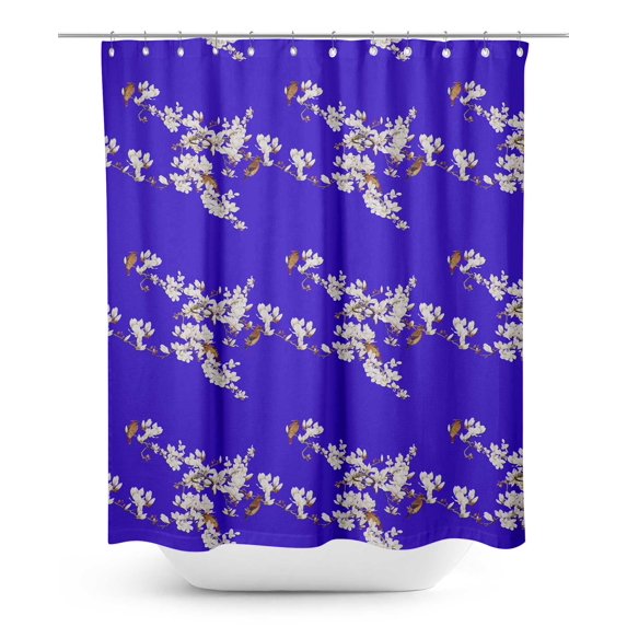 S4Sassy Blue Blossom & Bulbul Bird Decorative Waterproof Printed Shower Curtain Roller Hooks Drapes-60 x 75 Inch