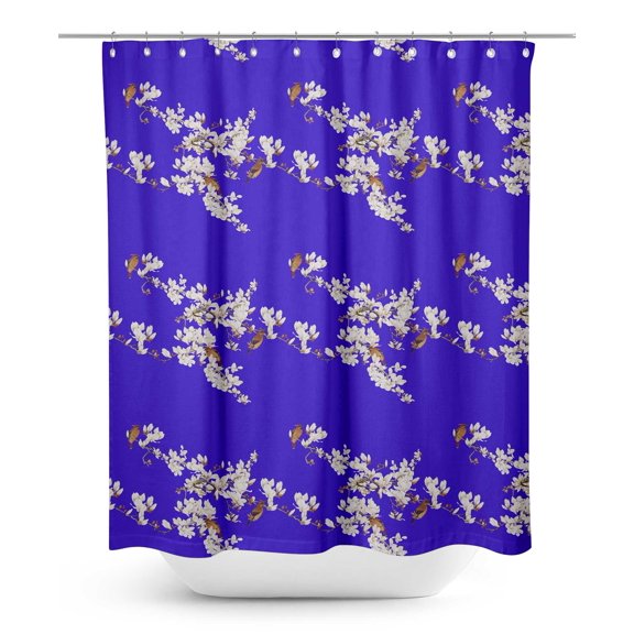 S4Sassy Blue Blossom & Bulbul Bird Decorative Waterproof Printed Shower Curtain Roller Hooks Drapes-60 x 75 Inch