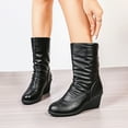 thumbnail image 2 of Women's Slouchy Wedge Mid Calf Boots Winter Warm Non Slip Work Booties Casual Slip On Leather Ankle Boots with Back Zipper Black Size 6, 2 of 7