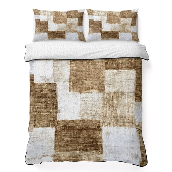 Quilts Twin XL Size Bedding Set, Vintage Patchwork Lightweight Quilted Comforter, Abstract Blocks Pattern Brown Beige Soft Reversible Bedspread Coverlet with Pillow Covers for All Season, 68" x 98"