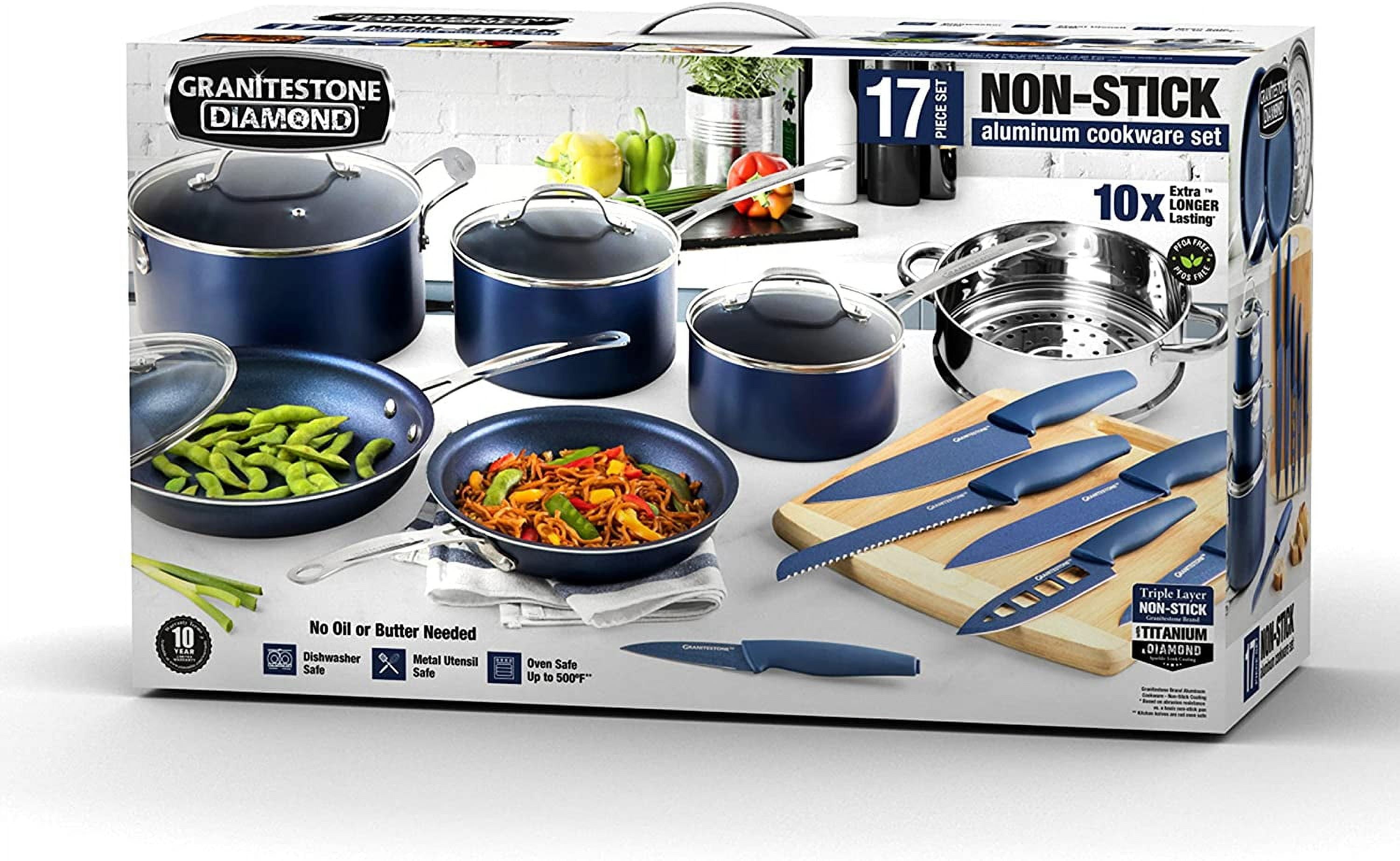 Granitestone Nonstick Pots and Pans Set Cookware Set Knife Set 17Pcs Blue