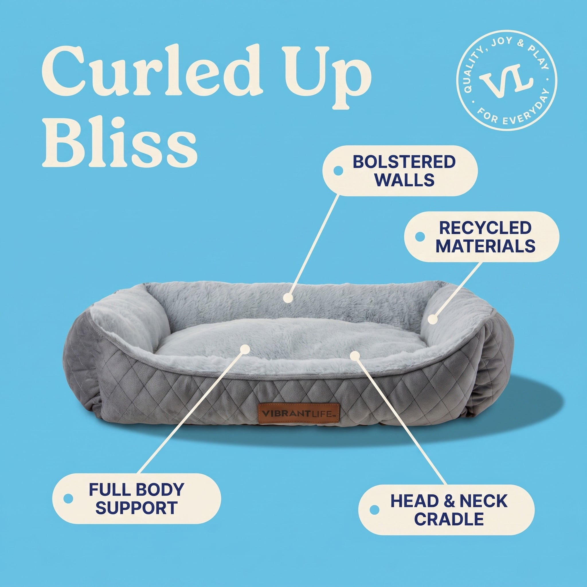 Vibrant Life Medium Quilted Cuddler Pet Bed, Gray, 27" x 21"