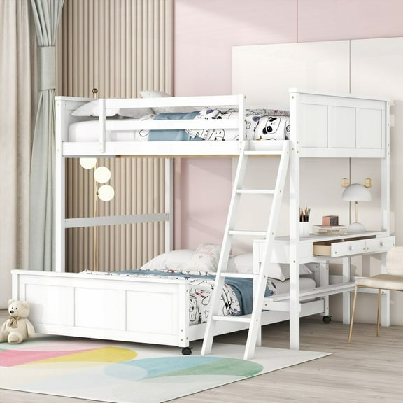 Full Size Solid Pine Platform Bed with Desk, White, No Box Spring Needed