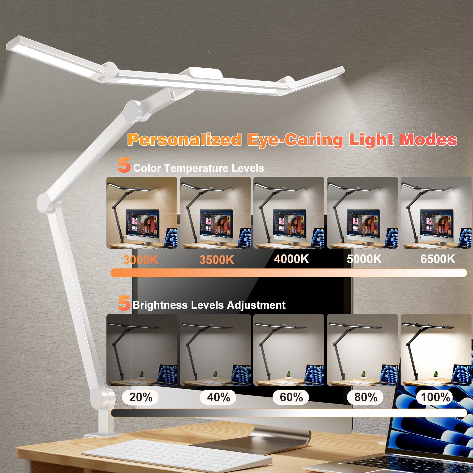 Desk Lamps for an Office in Home, LED Swing Arm Desk Lamp with Clamp, 24W Ultra Bright Auto Stepless Dimming and Tempering Table Light(White)