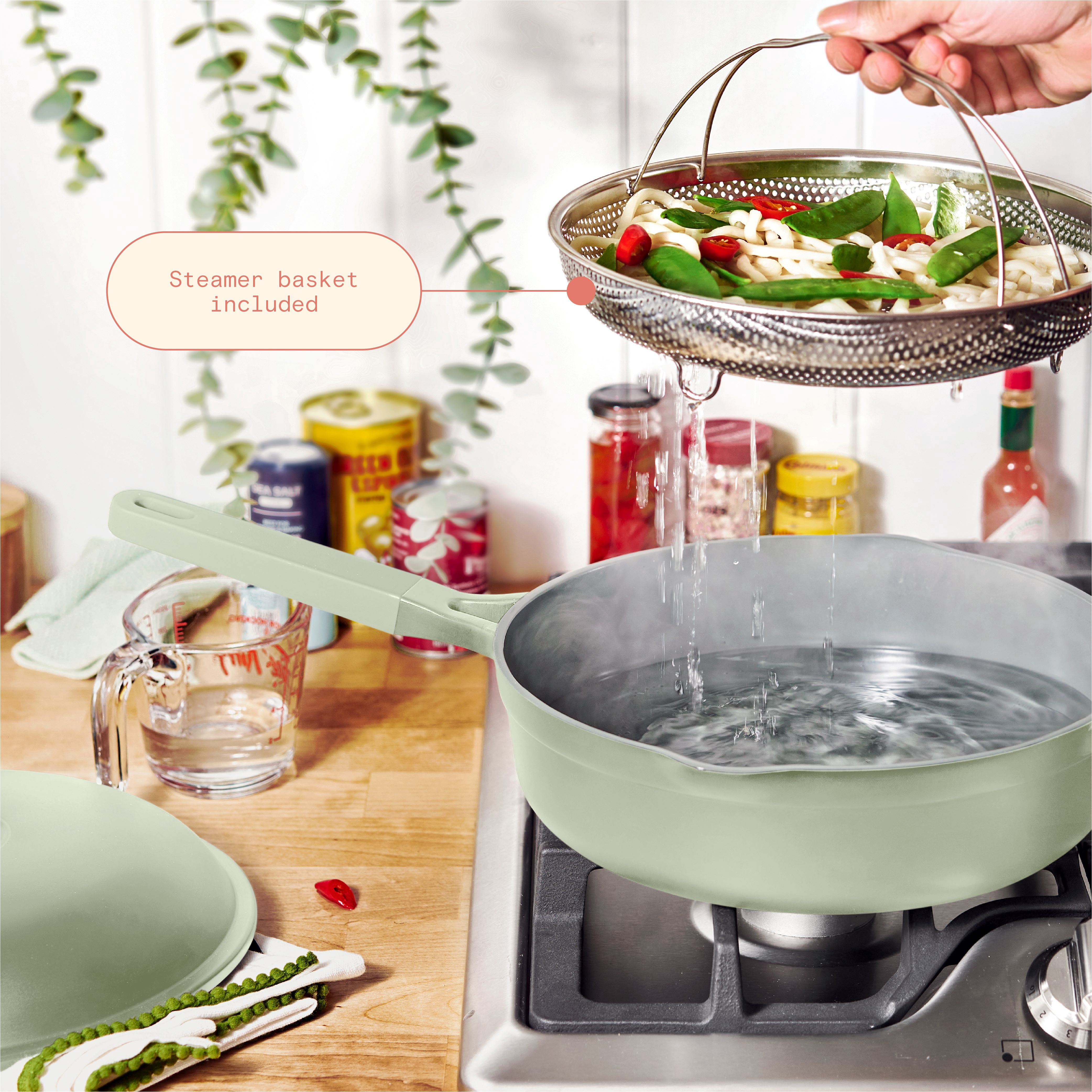 Beautiful All-in-One 4 QT Hero Pan with Steam Insert, 3 Piece Set, Sage Green by Drew Barrymore