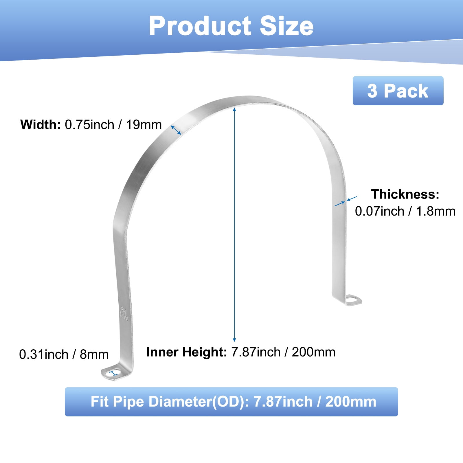 Uxcell 3-Pack Conduit Clamps, 7-7/8" 304 Stainless Steel Rigid Pipe Strap M200 U Bracket Pipe Clamps for Plumbing
