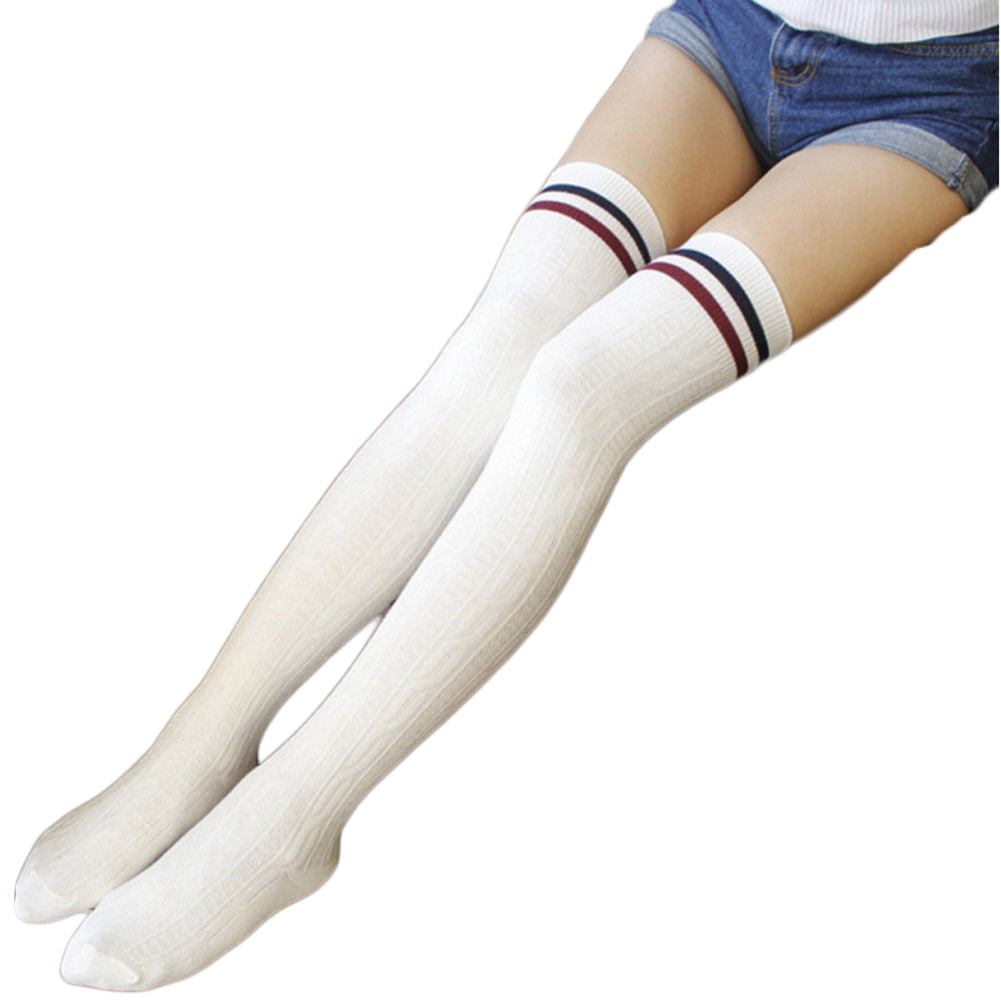 Fashion Women Girl Cotton Long Socks Stripe Warm Over Knee Thigh High Stocking