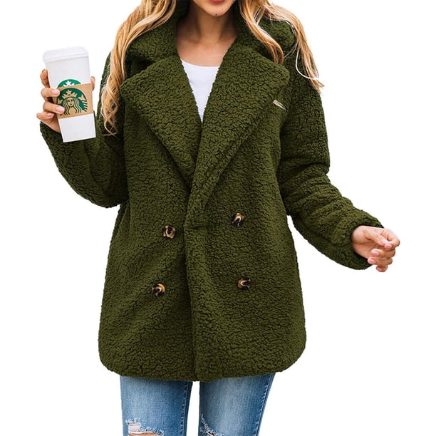 Abrigo PRETTYGARDEN Oversized de Sherpa Fleece con Piel Sintética Verde Talle S
