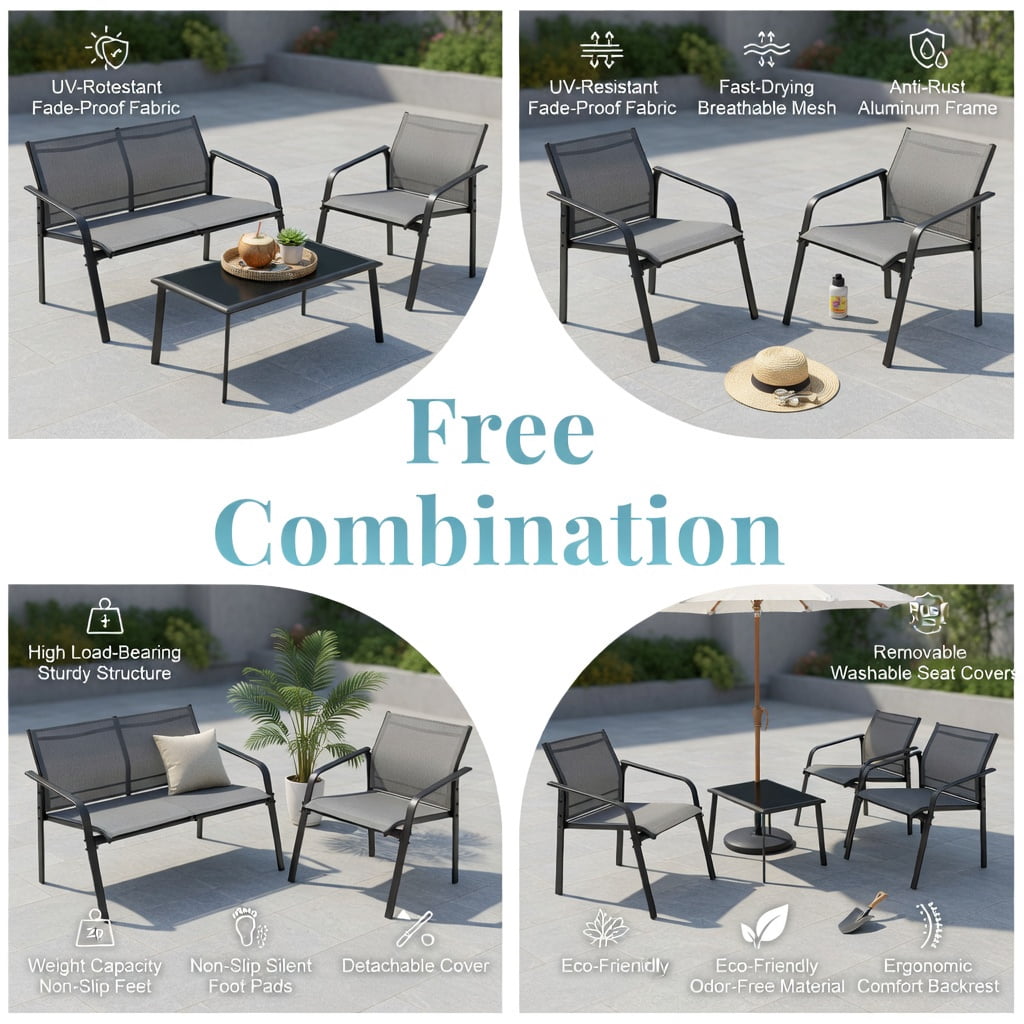 Hommoo 4-Piece Modern Outdoor Patio Furniture Set, Steel Frame with Tempered Glass Table, Loveseat & 2 Armchairs for Deck, Balcony or Backyard, Gray