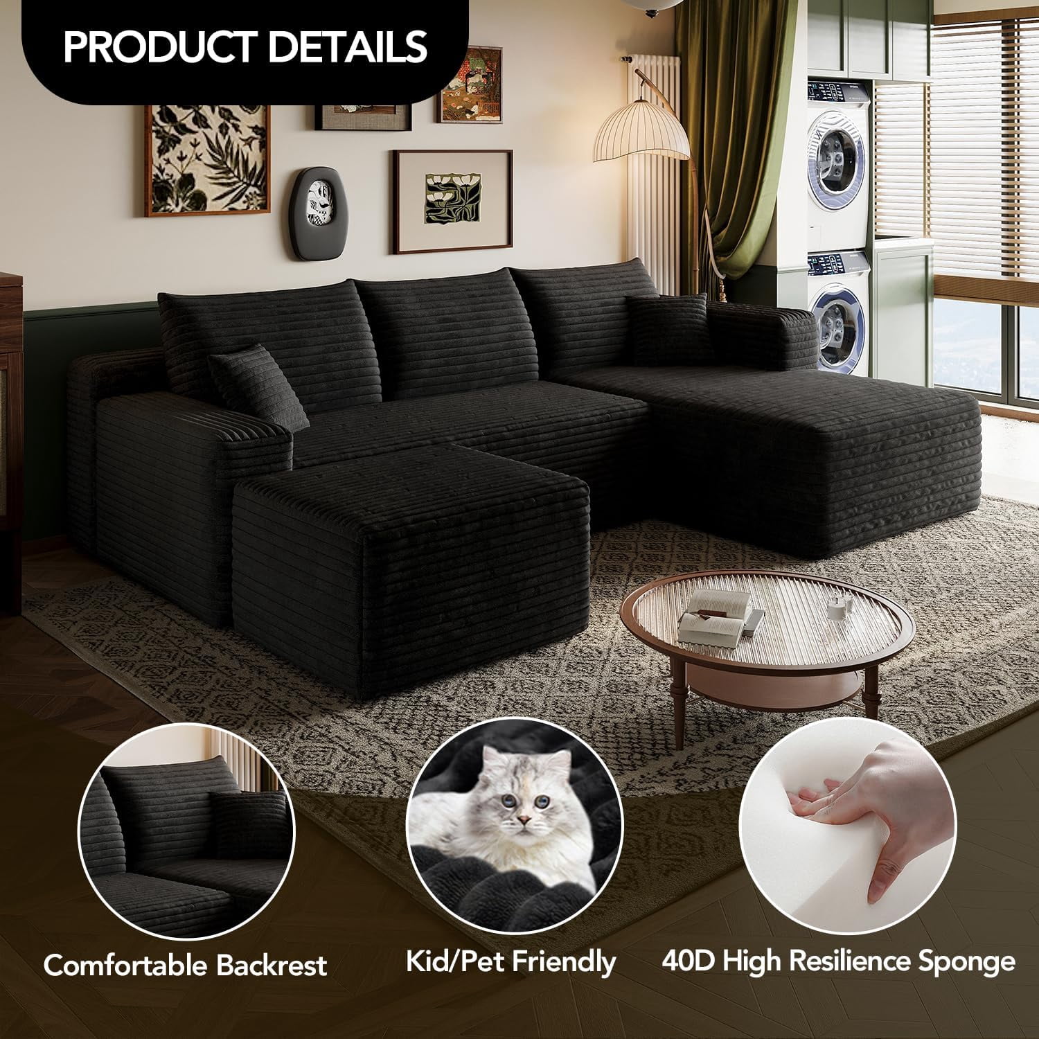 103" Cloud Sectional Sofa, Modern L Shaped Deep Seat Couch, Plush Corduroy Upholstered Sofa No Assembly, Living Room