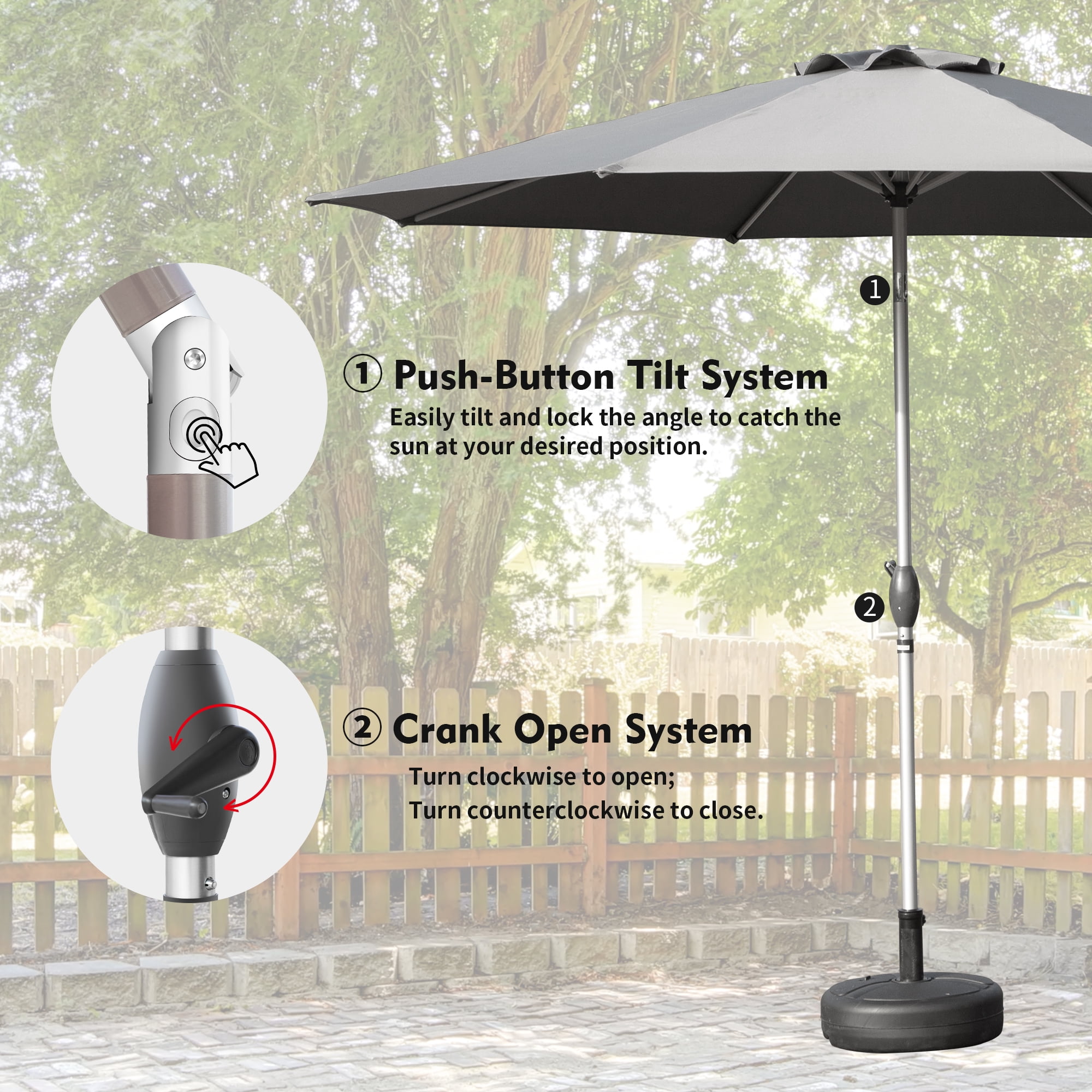 Domi 10FT Patio Umbrella, Outdoor Table Umbrella with Push Button Tilt and Crank, UV Protection Waterproof Market Sun Umbrella with 8 Sturdy Ribs for Garden, Deck, Backyard, Pool,(Gray)