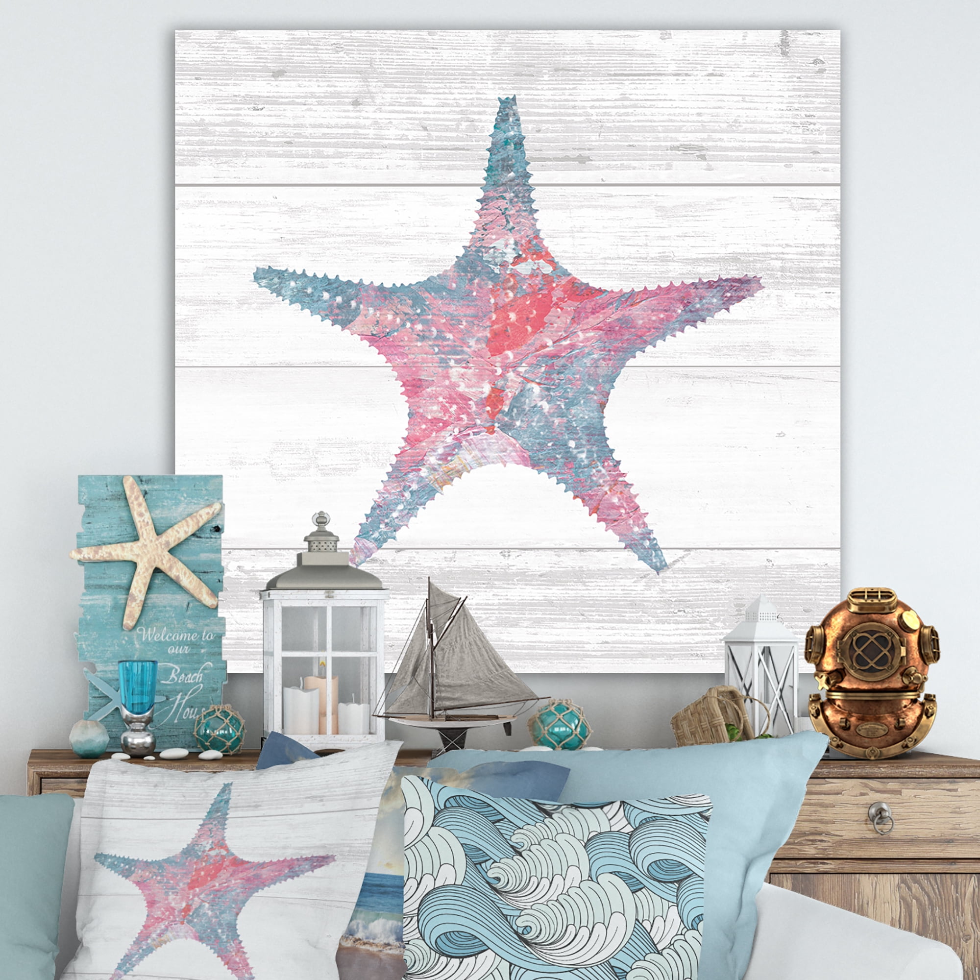 Designart 'Pink Starfish Ocean Life' Nautical & Coastal Canvas Art