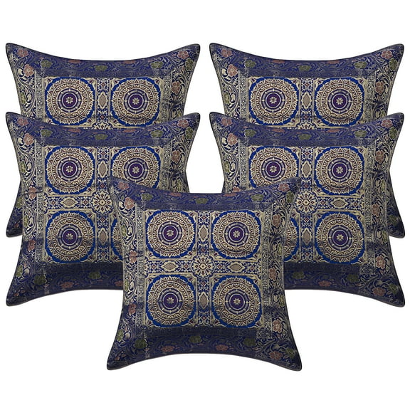 Stylo Culture Indian Decorative Throw Pillow Covers 16 x 16 Jacquard Ink Blue Square 40x40 cm Home Decor Brocade Floral Mandala Zippered Cushion Covers | Set Of 5