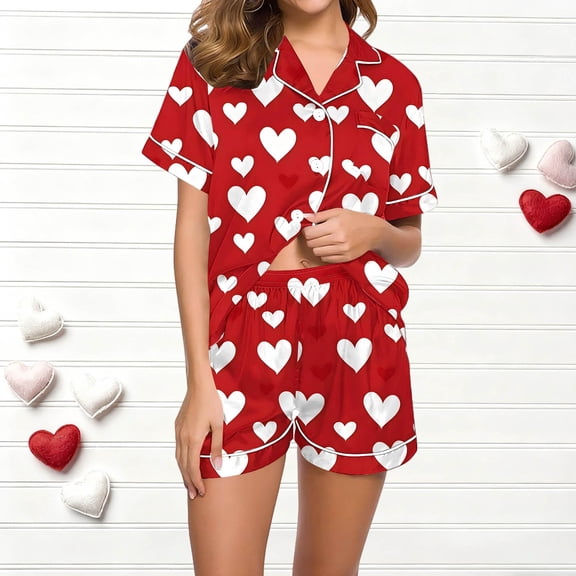 Goodtrade8 PJ Sets for Women Shorts & Tops 2 Pieces Homewear Casual Heart Print PJS Homewear Loungewear Summer Short Sleeve Womens Pajamas Set Pockets