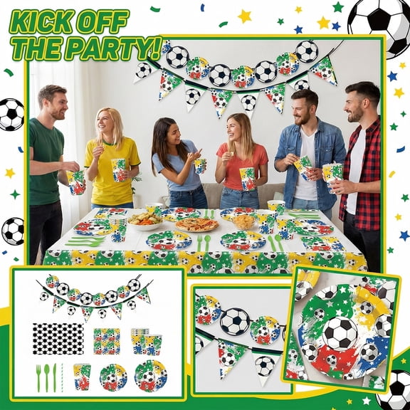 Game Day Soccer Essentials Party Decor Kit - Football Themed Supplies for Soccer Festivity Gear, Full Dinnerware & Banner Set