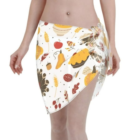 Adobk Women Beach Sarong Bathing Suit Happy Thanksgiving Print Wrap Skirt Sheer Bikini Swimsuit Cover Ups For Swimwear