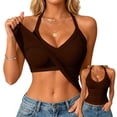thumbnail image 4 of Sillenn Halter V Neck Tank Tops with Built-In Shelf Bra for Women Sleeveless Slim Fitted Basic Cami Shirts Cute Halter Tops Going Out Sleeveless Camisole Top Dressy Casual Bralette Tops Coffee Xxl, 4 of 7
