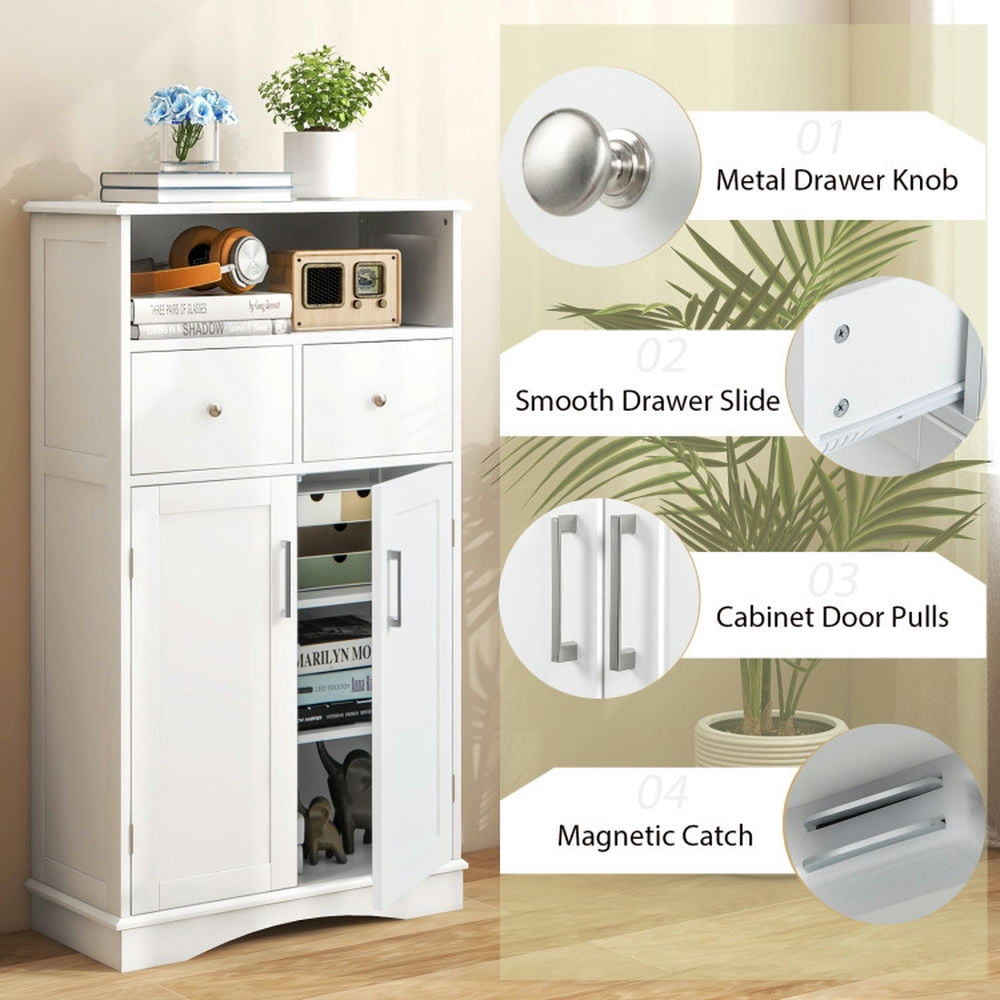 Finihen Bathroom Storage Cabinet, Bathroom Floor Cabinet, 2 Doors Freeestanding Bathroom Floor Cabinet with 2 Drawers and Adjustable Shelves, for Bathroom, Living Room, Bedroom, Kitchen, White Finihen Bathroom Storage Cabinet, Bathroom Floor Cabinet, 2 Doors Freeestanding Bathroom Floor Cabinet with 2 Drawers and Adjustable Shelves, for Bathroom, Living Room, Bedroom, Kitchen, White