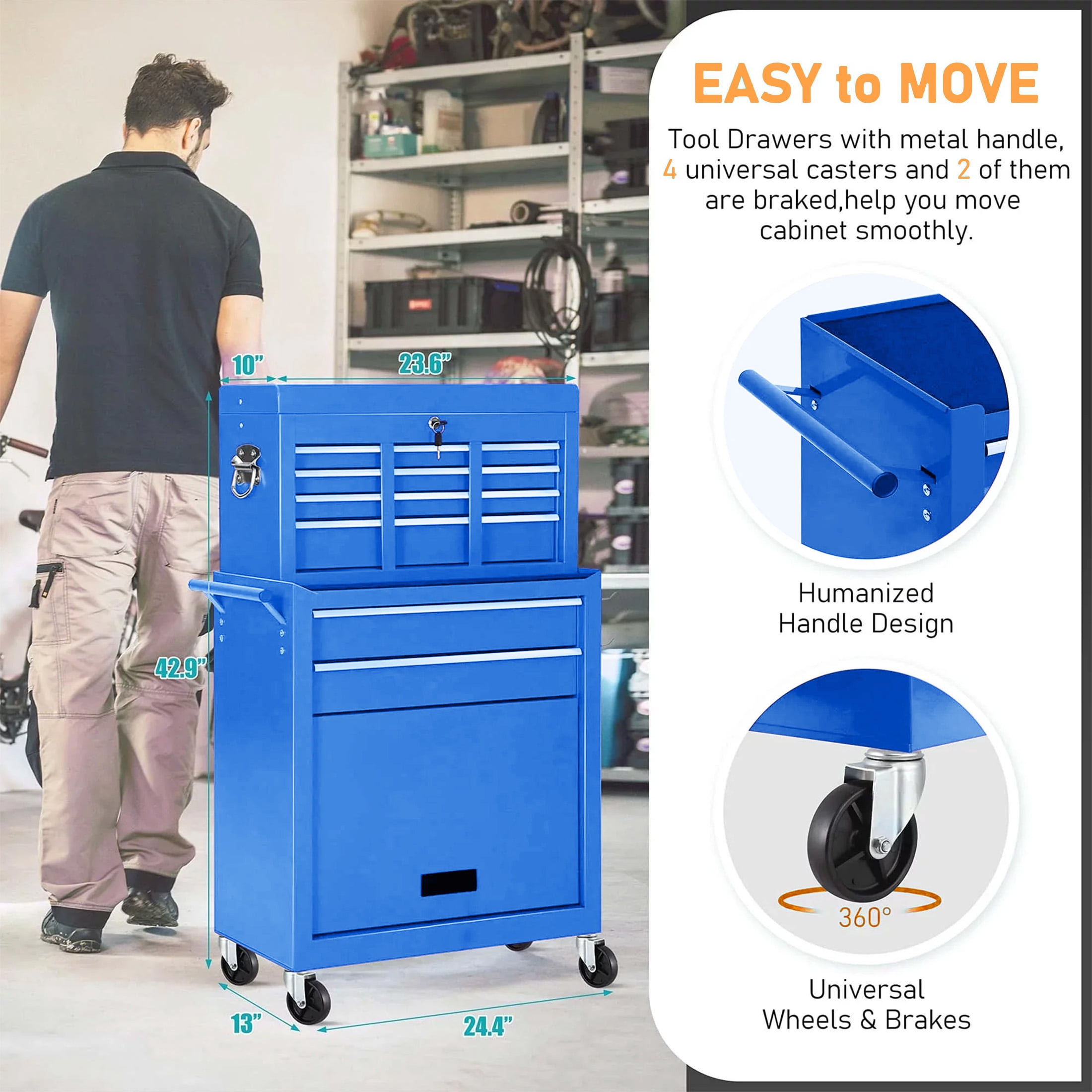 Aukfa Tool Chest, 2 in 1 Steel Rolling Tool Box & Cabinet on Wheels for Garage, 8-Drawers, Blue