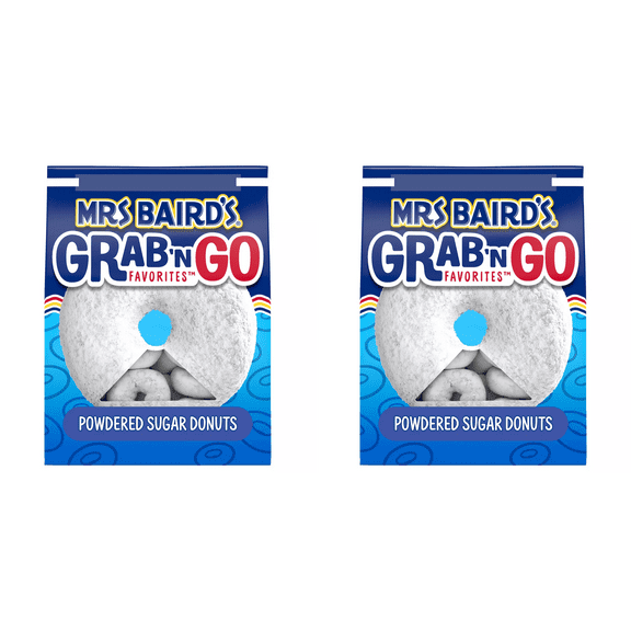 Mrs Baird's Grab 'n Go Favorites Powdered Sugar Donuts, 10 oz pack of 2, Powdered Sugar Donuts, Mrs Baird's Donuts, Mini Donuts, Grab 'n Go, Pack of 2