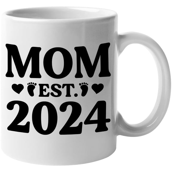 Mom Est. 2024, Pregnancy Announcement, Baby Shower or Gender Reveal Party Themed, White 11oz Ceramic Mug