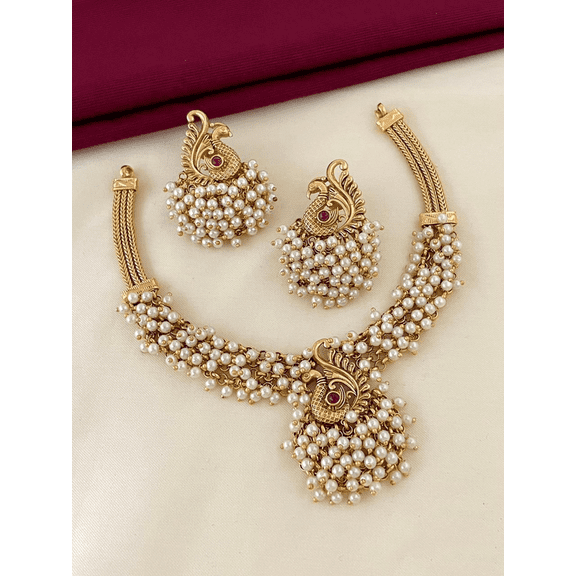 Traditional Gold-Plated Pearl Beaded Peacock Necklace Set with Earrings
