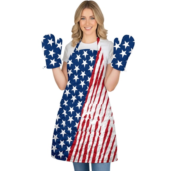 adaychics Oven Mitts and Apron Set American Flag 4th of July Baking Apron with Mitts Quilted Kitchenware for BBQ