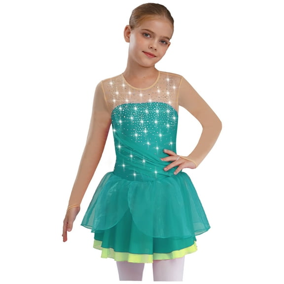 TSSOE Kids Girls Sequins Mesh Splice Figure Skating Dress Long Sleeves Ballroom Ballet Tutu Skirted Leotard Green 16