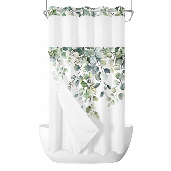 No Hook Shower Curtain, Green Eucalyptus Leaves Stall Bathroom Curtains with Snap in Liner, Summer Watercolor Botanical Waterproof Washable Fabric Shower Curtain Set, 54"W x 78"L