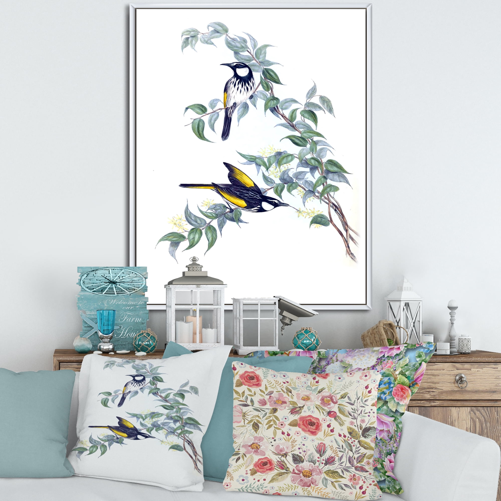 Ancient Australian Birds On A Branch 30 in x 40 in Framed Painting Canvas Art Print, by Designart