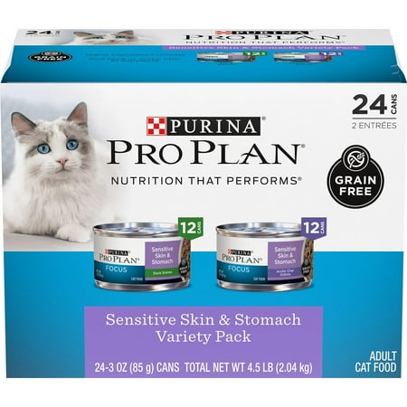 Purina Pro Plan Focus Adult Sensitive Skin and Stomach Duck and Arctic Char Wet Cat Food Variety pk., 3 oz. Can, Pack of 24