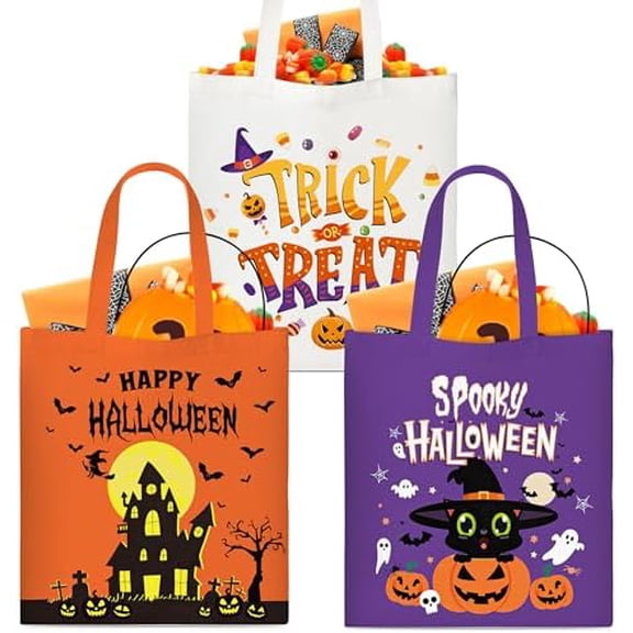Halloween Black Cat Canvas Bags - 3pcs Trick or Treat Pumpkin Candy Tote Bags, Reusable Shopping Bag, Happy Halloween Orange White Purple Candy Buckets Party Supplies Gifts for Kids Boys Girls