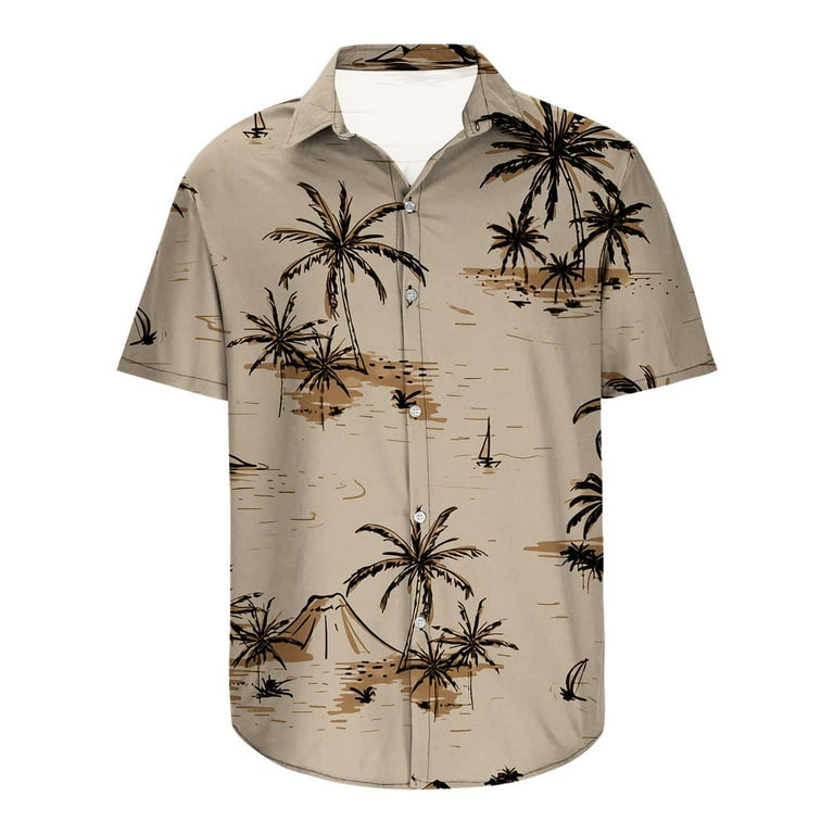 VSSSJ Mens Short Sleeve Button Down Collared Shirts Big and Tall Hawaiian  Style Casual Tropical Palm Tree Graphic Tee Summer Holiday Beach Tops Khaki