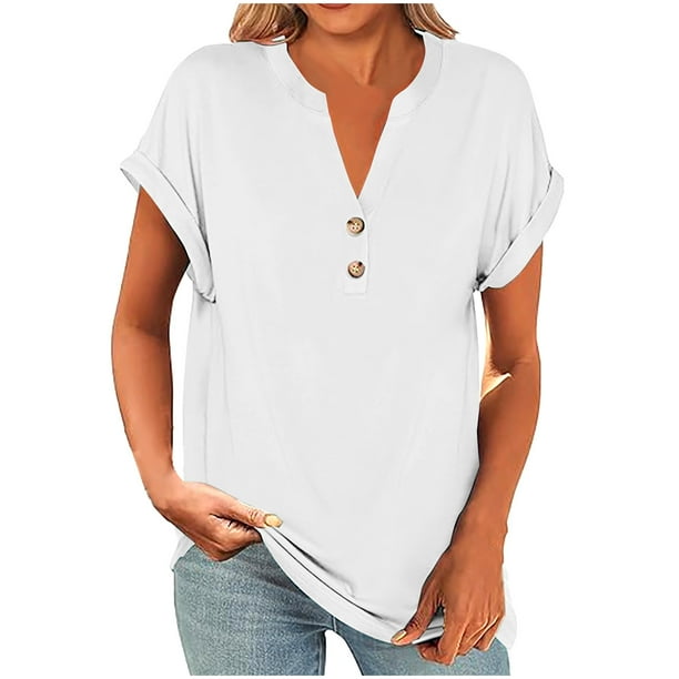 Blusas para las Mujeres Casual Verano Botón Sólido V-Cuello Suelto Camiseta, Moda Algodón/Lino Mezcla Blusa