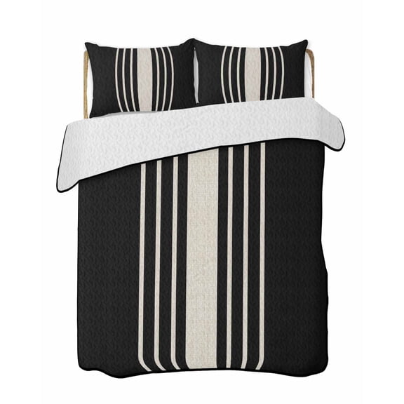 Black Beige Striped Summer Quilt Set Queen Size, Soft Microfiber Quilted Bedding Set with 2 Pillow Shams, Modern Farmhouse Retro Lines Lightweight All Season Bedspread Coverlet for Bedroom 90"x96"