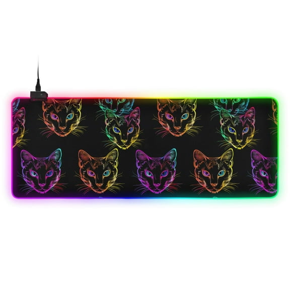 Large RGB Gaming Mouse Pad Led Glowing Mousepad Non-Slip Rubber Base 13 Light Modes 31.5x11.8 Colorful Neon Cat Heads