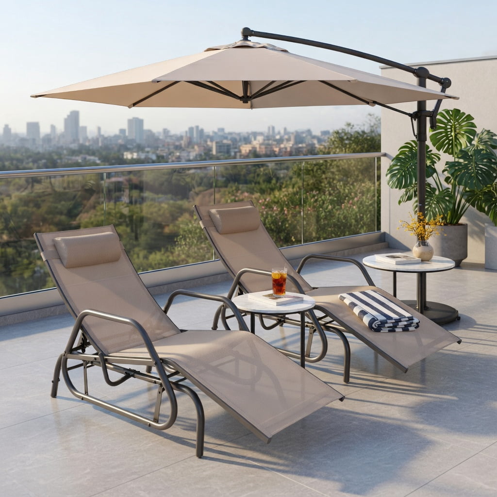 Hommoo Outdoor Chaise Lounge Glider Chair with Adjustable Backrest, Removable Pillow & Quiet Metal Frame, Rustic Brown