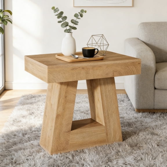 Oufan 24" Modern Side Table, 2-Tier Narrow Wooden End Table with Trapezoid Base, Farmhouse Small Nightstand for Living Room, Bedroom, Natural