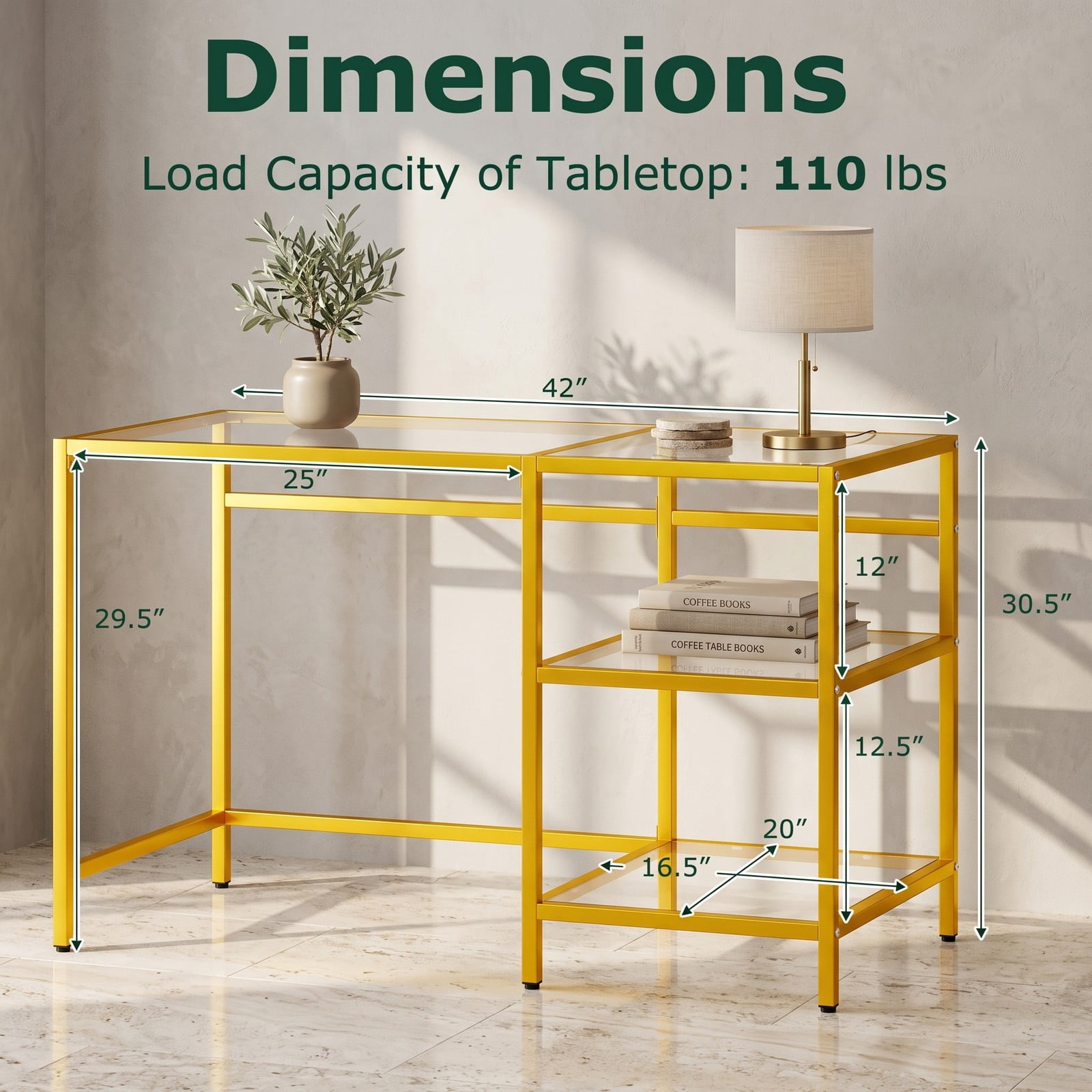 Furnibear Modern Console Table with Tempered Glass Top and 2 Open Shelves and Rust-Resistant Metal Frame for Entryway, Golden
