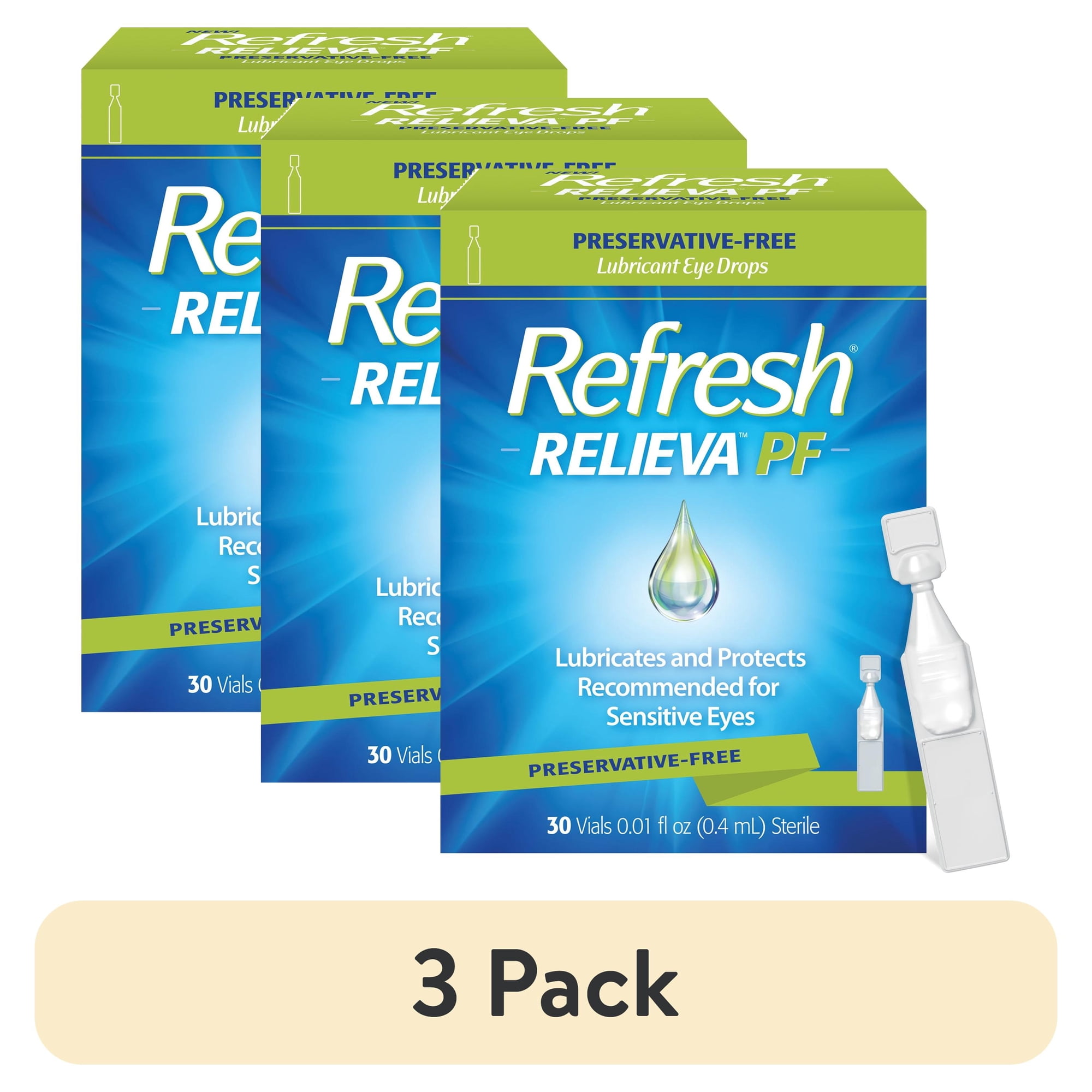 (3 pack) Refresh Relieva PF Preservative-Free Artificial Tears Lubricant Eye Drops, 0.4 ml, 30 Count