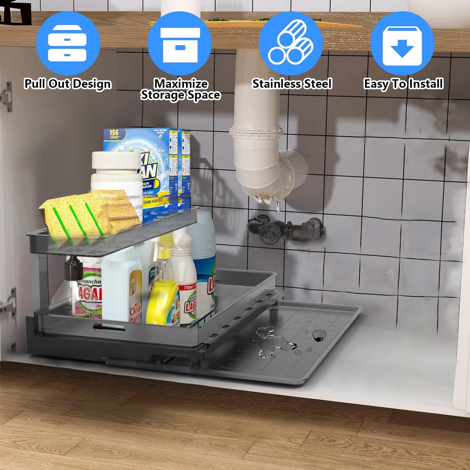 Teqhome 2-Tier Pull Out Under Sink Organizer Rustproof Kitchen Bathroom Cabinet Organizers and Storage with Sliding Drawer for Home Laundry RV Pantry
