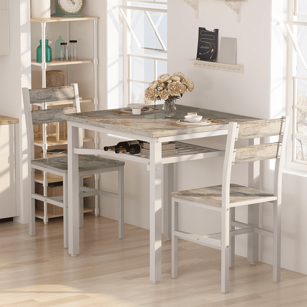 LinkRomat Small Dining Table for 2, Wooden Dinner Table with Storage, 3 Piece Farmhouse Square Dinette Set for Dining Room, Apartment, Small Space
