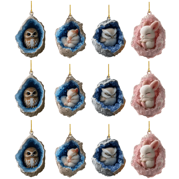 Doghiosgha 12 Pcs 2D Sleeping Animal Printed Ornaments, Plastic Flat Pendants, Hanging Ornaments for Christmas Tree Window Wall Door, 3 Inch